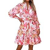 MASCOMODA Fall Dresses for Women 2024 Elegant Long Sleeve Button Short Floral Dress Chiffon A-Line Tie Waist Flowy Mini Dress(Pink Rust Red Floral,Medium)