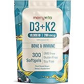 MERRY VITA Vitamin D3 K2 300 Softgels – 10000 IU & 200 MCG K2 MK7 – Plant-Based, Vegan, Non-GMO, Gluten-Free – Coconut Oil – Immune, Bone & Muscle Support – D3 con K2 vitamina Supplement