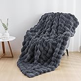 IKALIFE Cozy Faux Fur Throw Blanket for Couch Warm Fuzzy Throw Blanket, Soft Plush Thick Bubble Blankets for Bedroom and Living Room, Furry Luxury Blanket, 50 x 60, Grey