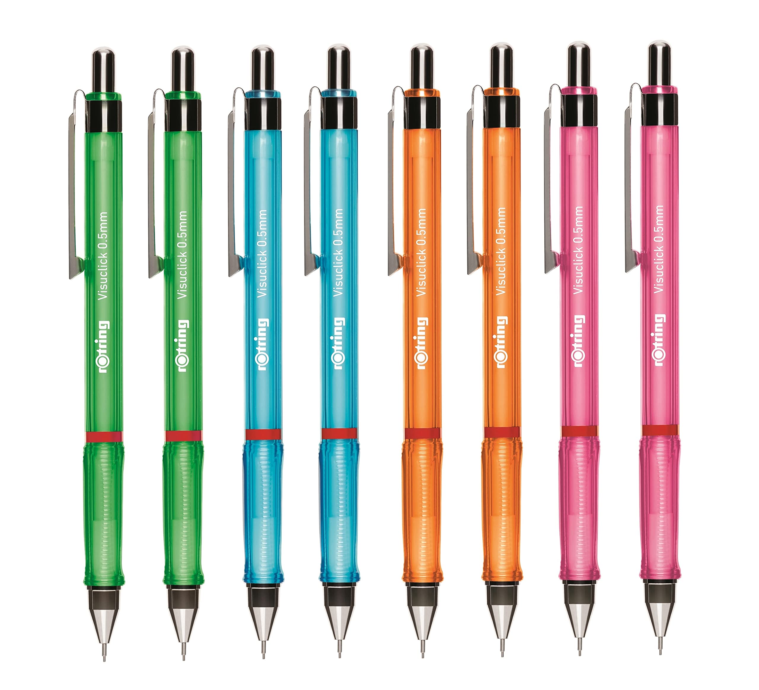 rOtring Visuclick Mechanical Pencils - 0.5mm - Pack of 8 - Assorted Bright Barrels - Refillable - Triangular Grip - Eraser Under Cap