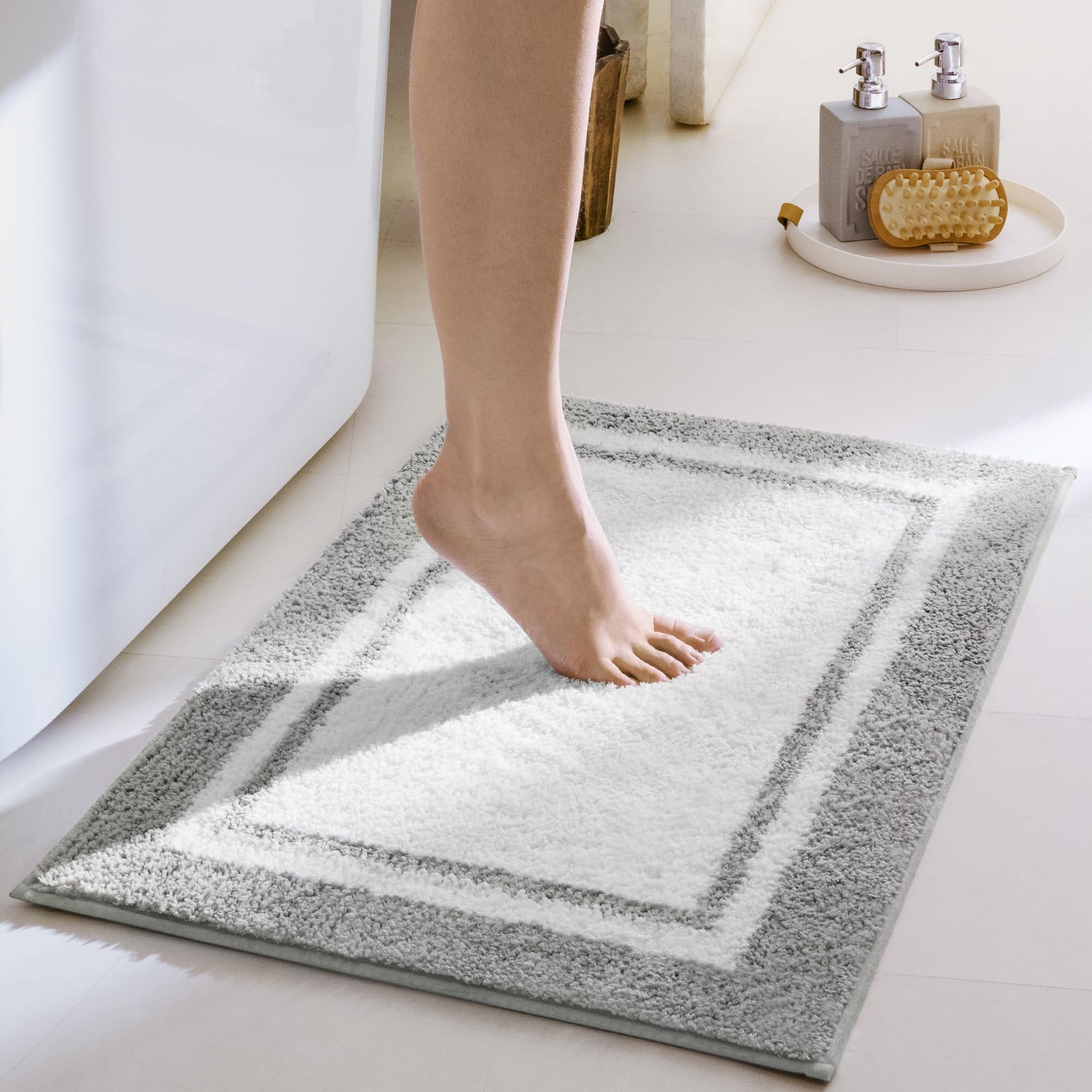 granny says microfiber bathroom rugs non slip washable, water absorbent bathrooms mats for tub non slip, small soft bath mats for bathroom floor & shower, 16" x 24", grey bath mat towel