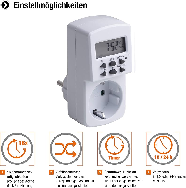 Zeitschaltuhr digital, 1800 W - Sommer- & Winterzeit - 10 konfigurierbare Programme - Mit Countdown-Funktion & Zufallsgenerator / Timer für die Steckdose / Timer mit Zufallsschaltung / 7474110
