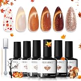 modelones Fall Cat Eye Gel Nail Polish Set, Nude Brown Yellow Burnt Orange | Gold Glitter 6 Colors 2026 Halloween Gel Polish Kit with Magnet &amp; Wooden Stick, Soak Off LED Manicure Kit DIY Gift for Women