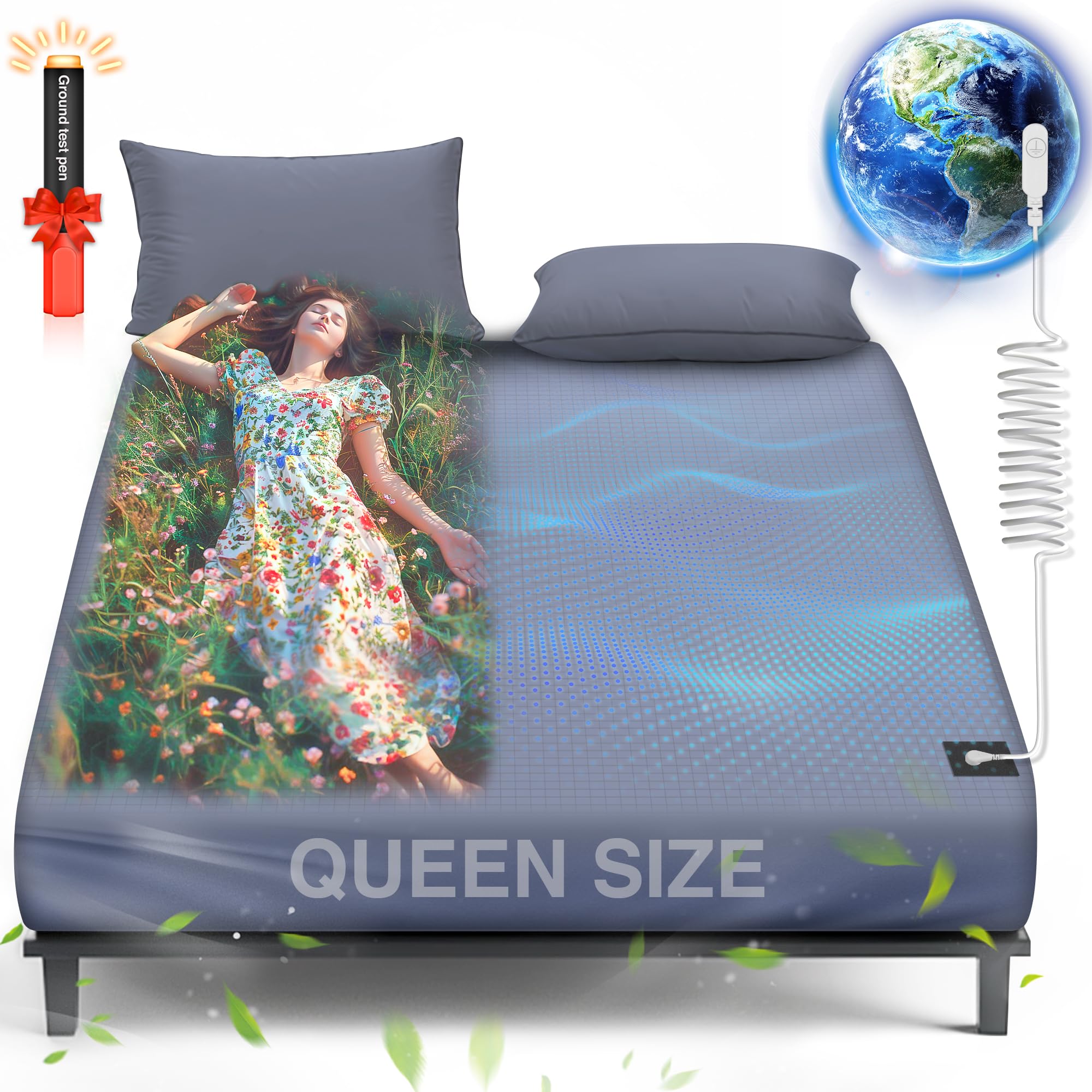 Photo 1 of Grounding Sheets Queen, 95% Organic Cotton+ 5% Pure Silver Fiber, Grounded Sheets with Grounding Cord, Bed Grounding Kit for Healthy Sleep Therapy [Queen-60"x 80"x 13" DeepGrey]