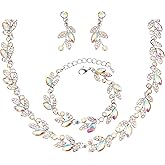 chaoyite Elegant Leaves Choker Necklace Dangle Earring Link Bracelet Crystal Jewelry Set for Brides Bridesmaid Prom Costume Accessories for Women #1115