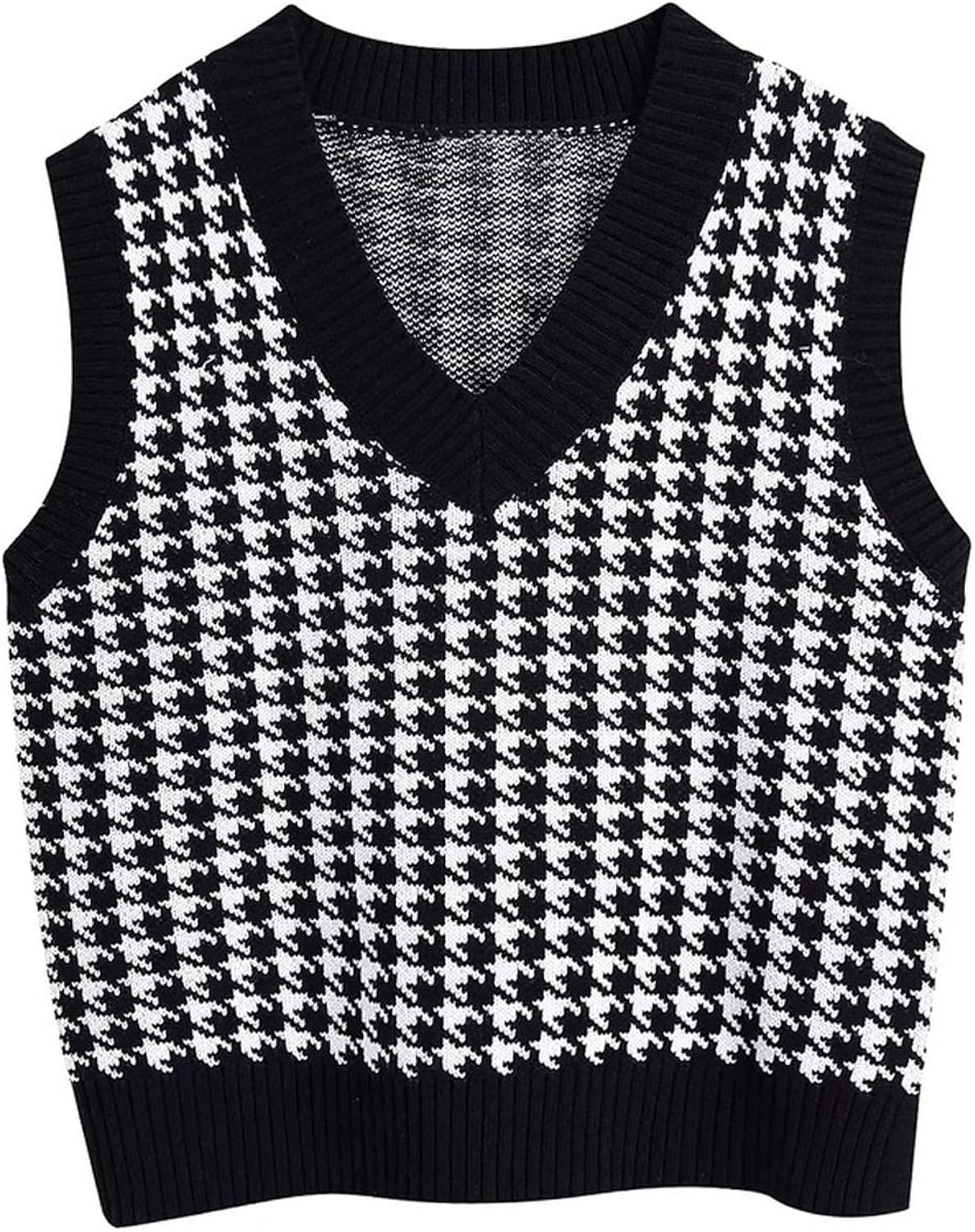 Women Fashion Oversized Houndstooth Knitted Vest Sweater Vintage Sleeveless Side Vents Y2K Tops 