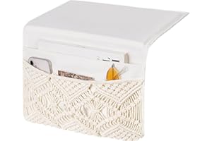 Mkono Macrame Bedside Caddy Storage Organizer Boho Remote Control Tablet Magazine Holder with 4 Pockets Non-slip Countertop B