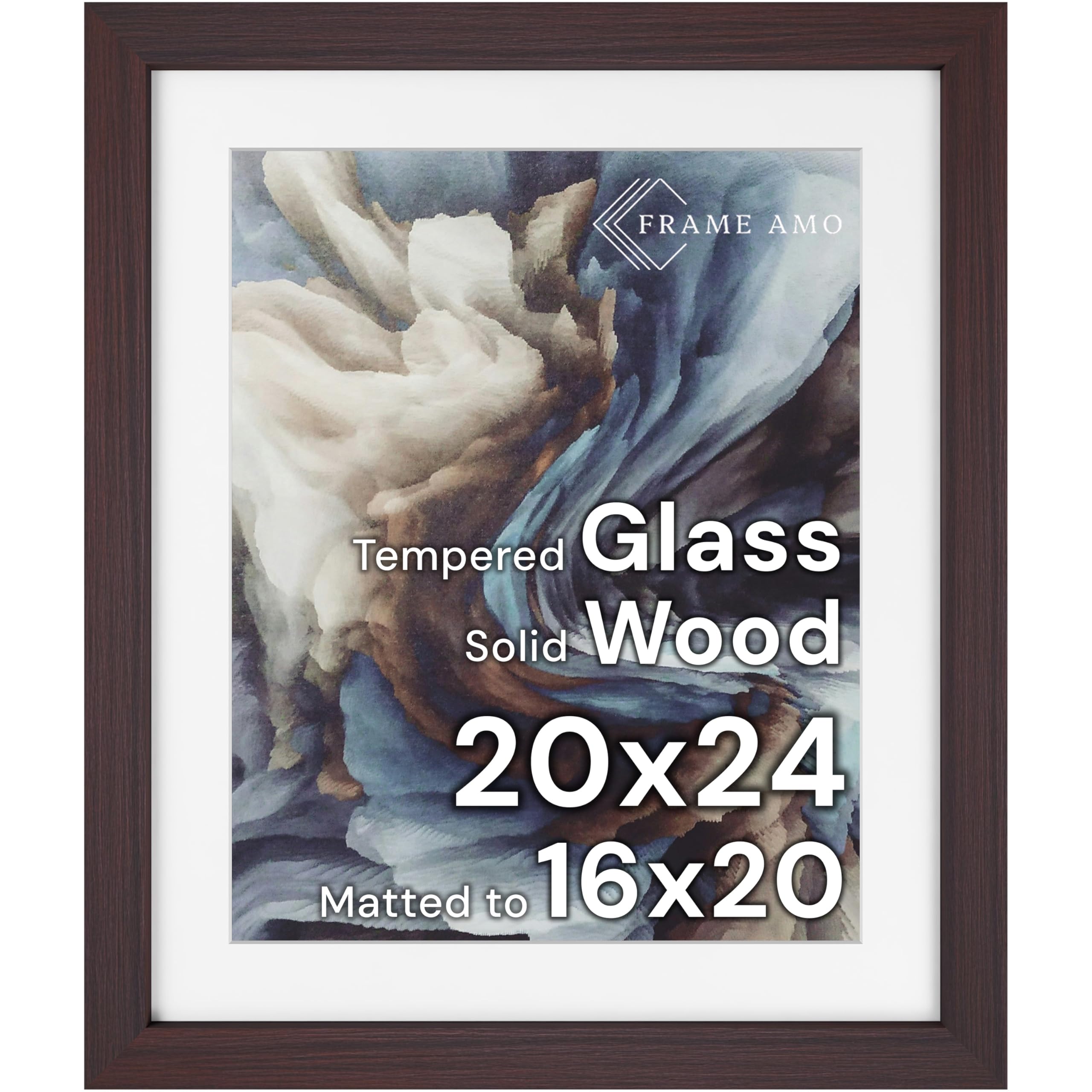Frame Amo 20x24 Solid Wood Poster Frame Brazilian Walnut, White Mat for 16x20 Image, Tempered Glass Front, 1.5 inch Wide, 1 inch Thick, High-End, Heavy-Duty, Gallery Grade & Acid-Free Image
