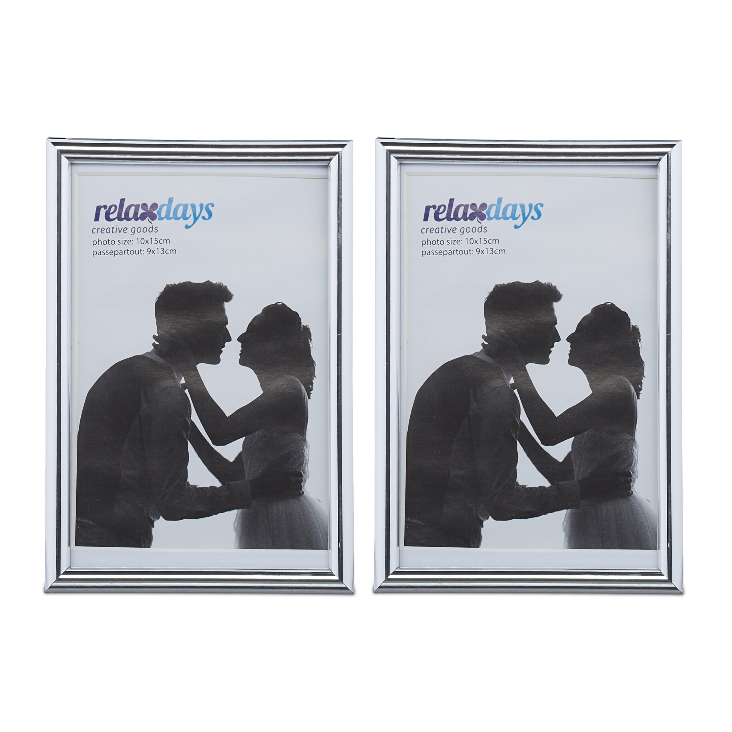 Relaxdays Photo Frame Set of 2, 10 x 15 cm, Passepartout 9x13 cm, Standing or Hanging, Silver