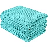 POLYTE Microfiber Oversize Quick Dry Lint Free Bath Towel, 60 x 30 in, Set of 2 (Aqua, Waffle Weave)