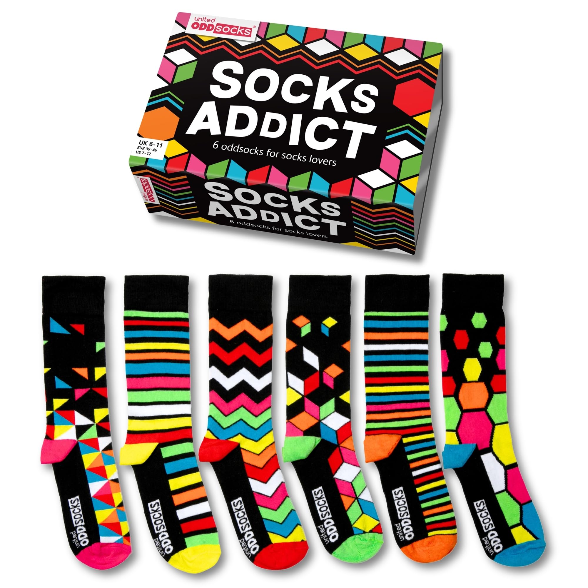 United Oddsocks Socks Addict – 6 Unique and Quirky Mix & Match Novelty Socks for Men, Gift Box, Fun and Playful Present for Sock Lovers, Birthday, Christmas, Father’s Day - UK 6-11, EUR 39-46, US 7-12