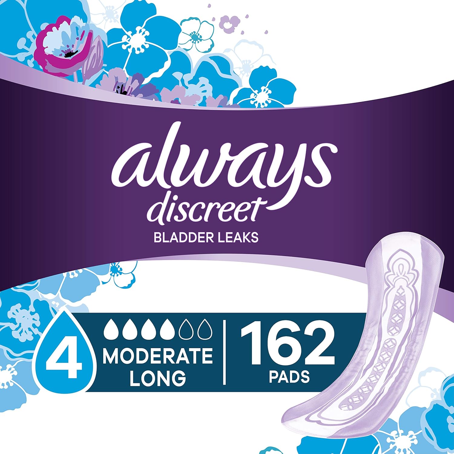 Always Discreet Incontinence Pads for Women, 162 Count, Moderate Absorbency, Long Length (54 Count, Pack of 3 - 162 Count Total): Health & Personal Care