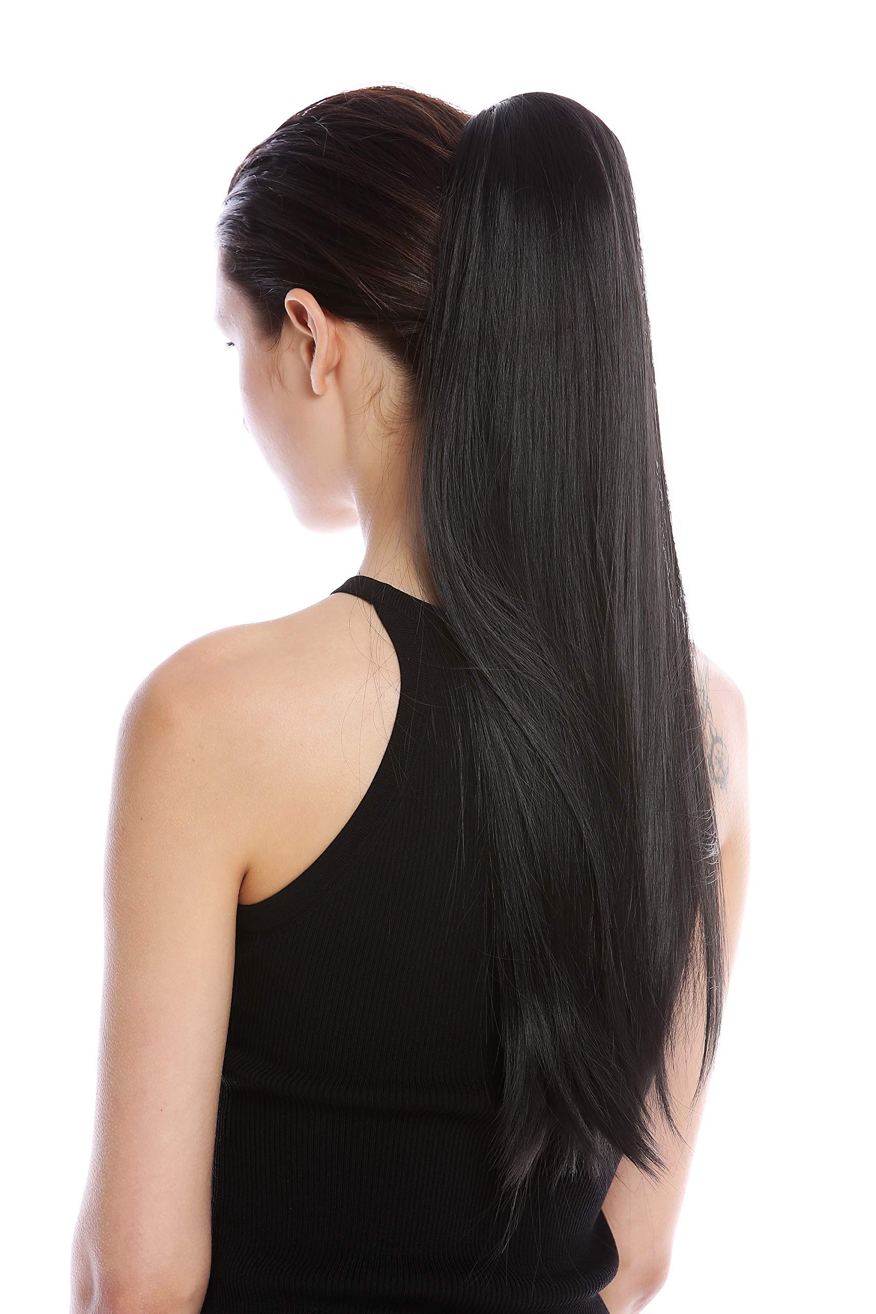WIG ME UP - YZF-1094S-1B Hairpiece ponytail (comb & ribbon wrap-around system) extension pigtail very long (24inch) straight smooth black
