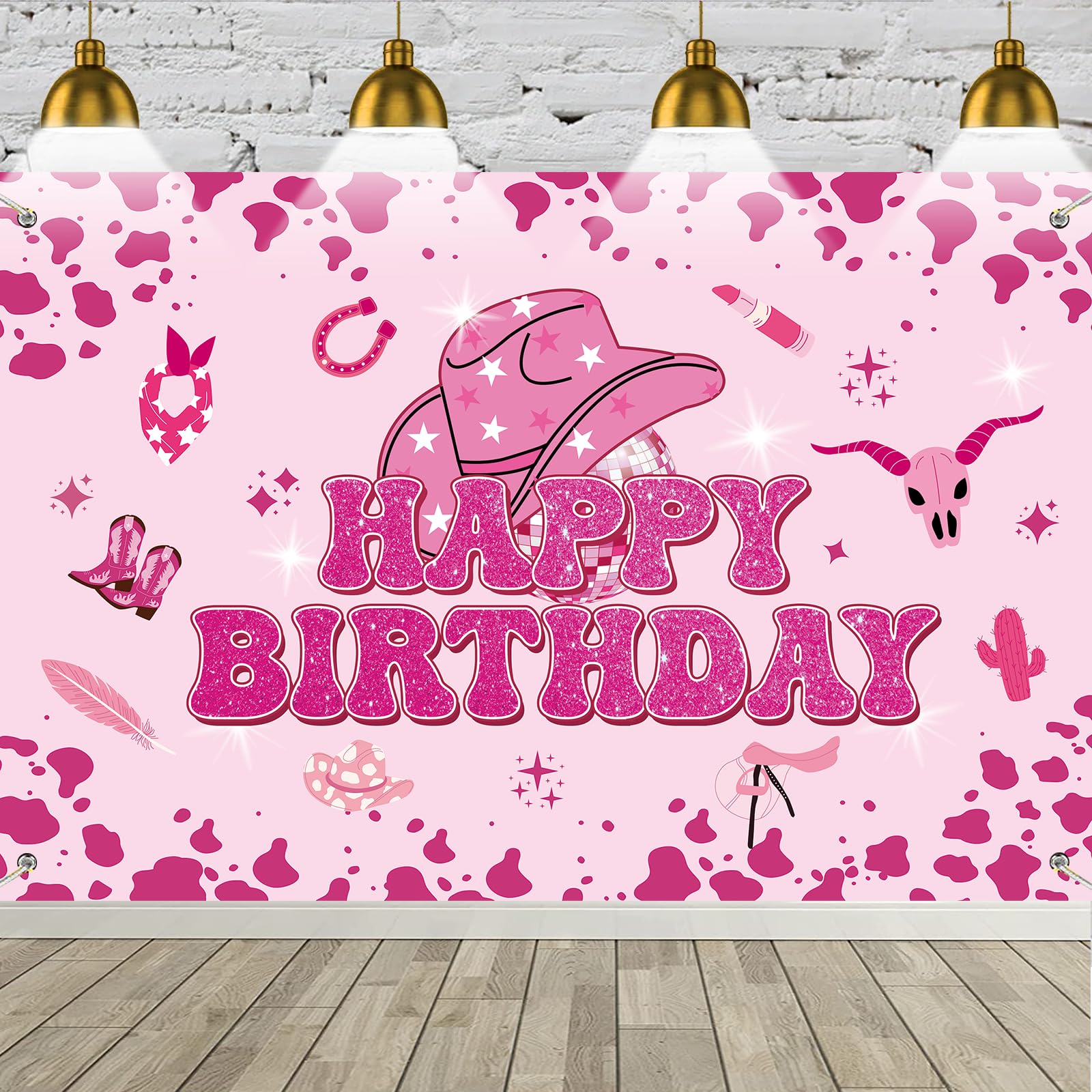 Photo 1 of Western Cowgirl Party Decorations, Pink Disco Cowgirl Birthday Backdrop, Happy Birthday Sign for Backdrop, Bachelorette Party Photo Background Decoration, 71x45 Inch