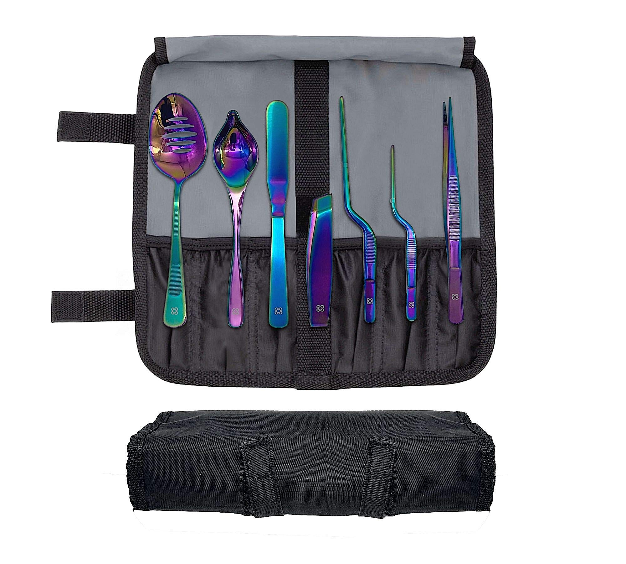 DOJA Barcelona Chef Plating - Kit Rainbow Colour - 7Pc Professional Culinary Plating Tools Set Tweezers, Slotted Spoon, Fish Deboning Tweezers, Chef Art Pencil and Spatula for Artful Presentation