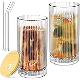 15 Oz Glass Cups with Lid and Straw, Iced Coffee Cups with Lid, Vintage Glassware for Whiskey Cocktail Beer (2 PACK)