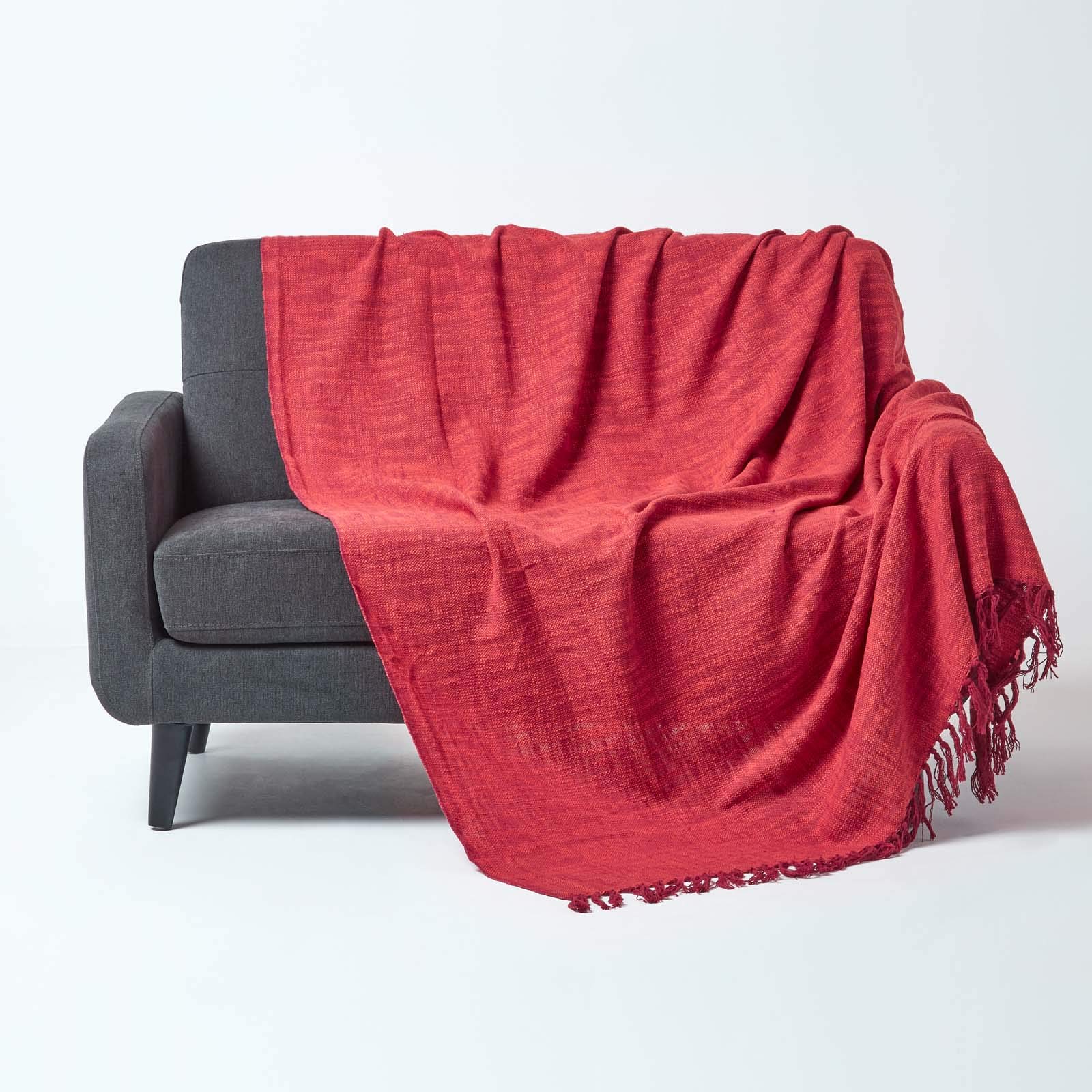 HOMESCAPES Nirvana Burnt Orange/Terracotta Handwoven Pure Cotton Throw 100 x 140 Inches, Bedspread Blanket with Handknotted Tassels in Very Durable and Heavy Quality, Easy-Care and Washable at Home