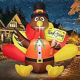 FunFanso 6 FT Thanksgiving Inflatable Turkey Outdoor Decoration, Blow Up Turkey with Pilgrim Hat and Colorful Tail, Holding Happy Thanksgiving Sign, Built-in LED Light for Autumn Holiday Harvest Party