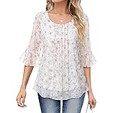 VALOLIA Womens 3/4 Sleeve Blouses Tops Dressy Casual Chiffon Pleated Embroidery Layered Shirts