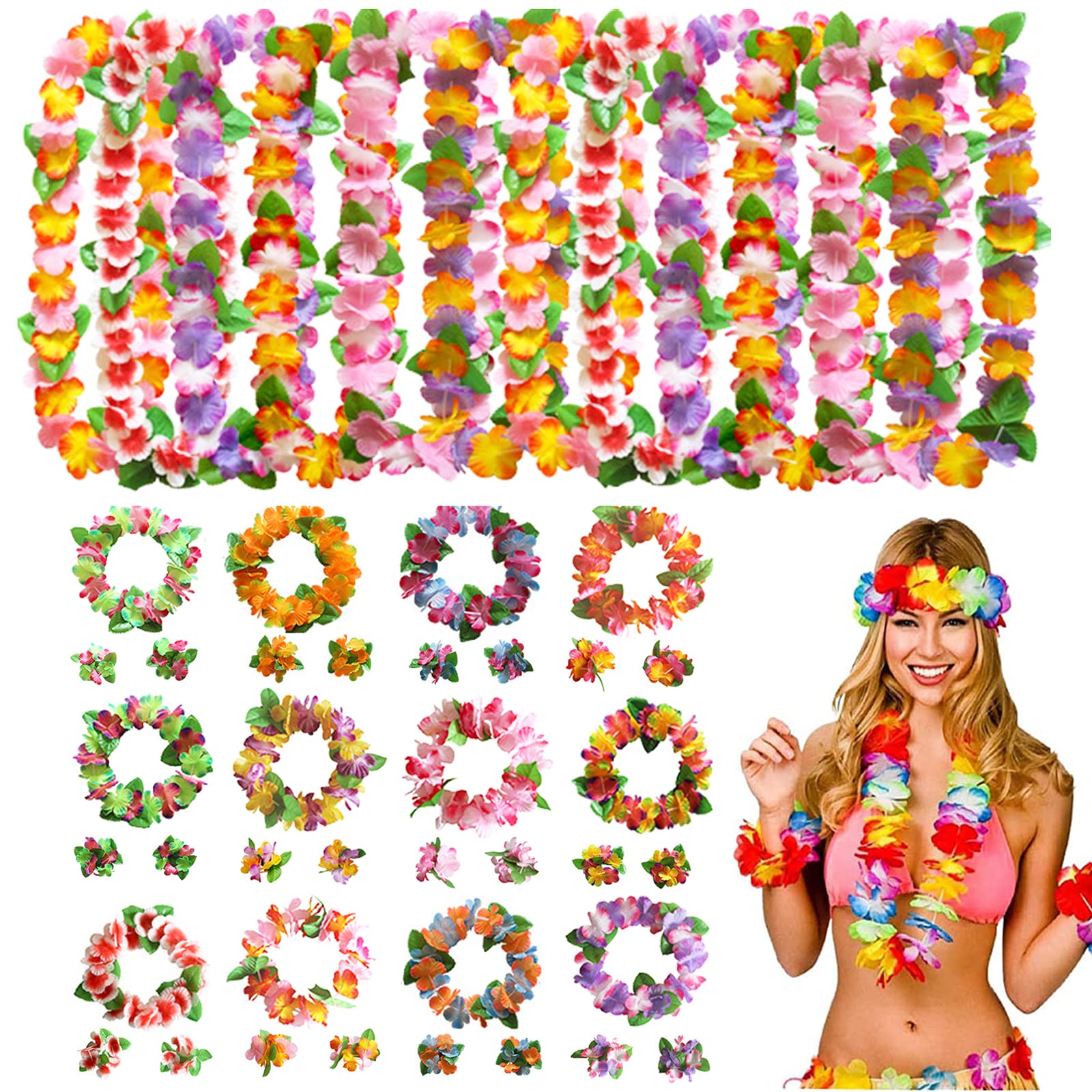 Gukasxi 48 Pcs Hawaiian Leis Party Decorations Hawaiian Luau Flower Necklaces Bracelets Headbands Tiki Bar Hawaii Luau Tropical Beach Theme Party Decorations Supplies