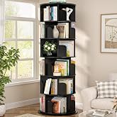Aheaplus 5 Tier Wood Rotating Bookshelf, 360&deg; Spinning Book Shelf Tower | Round Revolving Bookcase, Narrow Turning Book Shelf Rolling Corner Organizer for Small Space, Bedroom, Home Office, Black