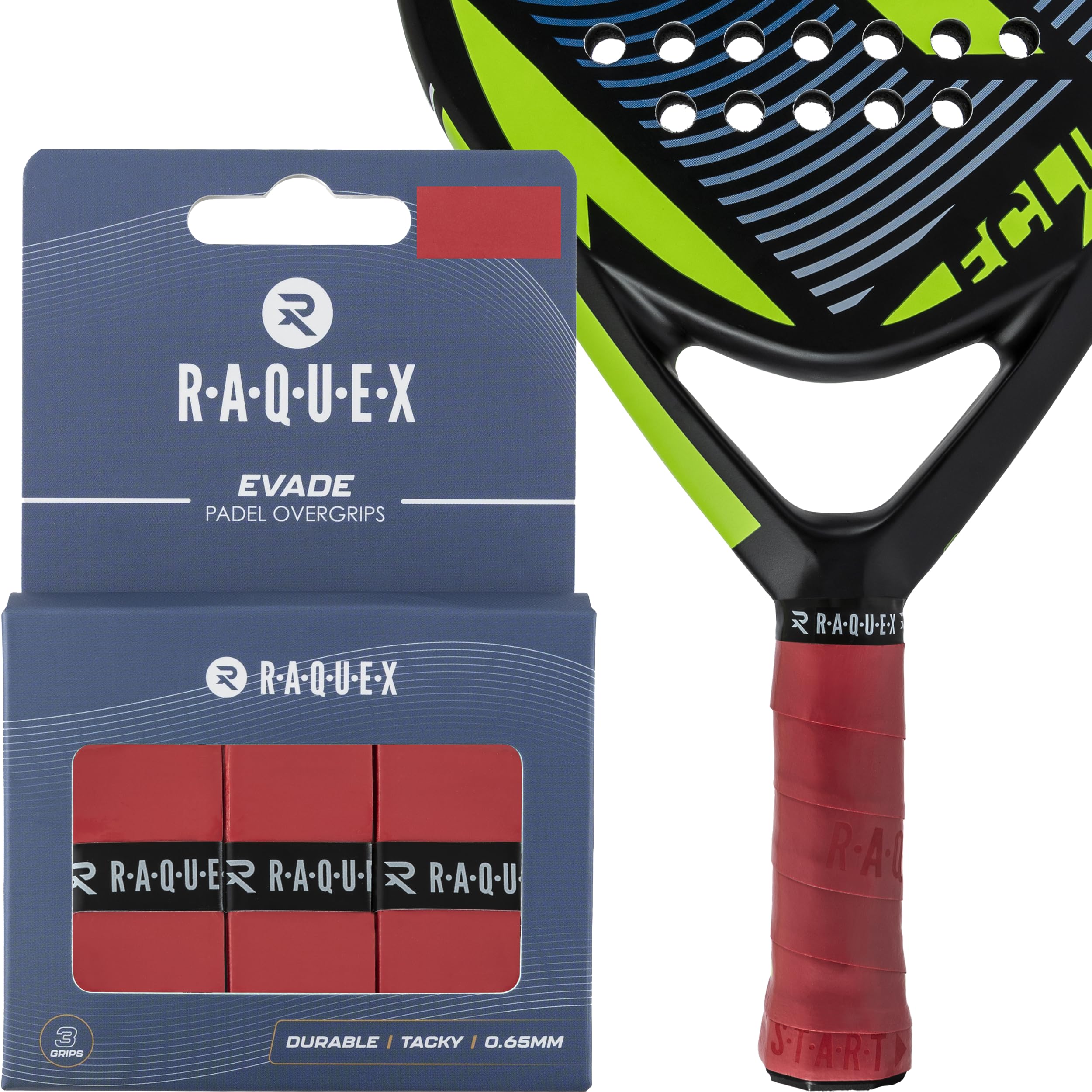 Raquex Evade Padel Racket Overgrip – 10 Colours - 3 Pack Padel Ball or Pickleball Racquet Tape, 0.65mm Thickness – Absorbent, Slightly Tacky Anti Slip Over Grip (Red)