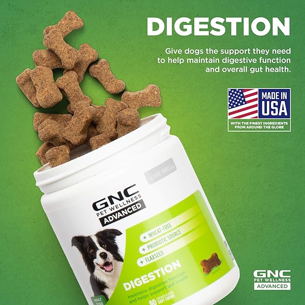 GNC PETS ADVANCED DIGESTION DOG SUPPLEMENTS, SOFT CHEW DIGESTIVE SUPPORT WITH FLAXSEED & PROBIOTICS FOR GUT HEALTH, CHICKEN FLAVOR VITAMINS & ENZYMES SUPPLEMENT FOR ALL DOGS, 90 COUNT