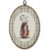Hiuwevt Vintage Golf Nursery Oval Wall Art Decor, Sports Framed Canvas Prints, Neutral Gingham Golf Bag Oval Wall Hanging Decor for Kids Boy Nursery Room Bedroom Playroom Decorations, 8.6x11.4 Inches