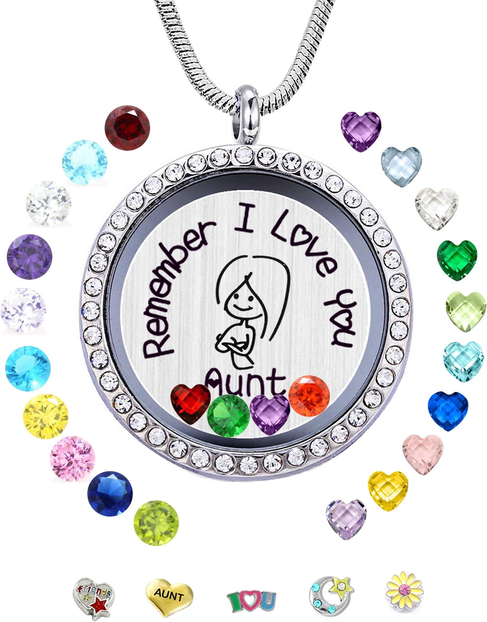 30mm Stainless Steel Living Memory Floating Locket Necklace Pendant with Charms and 24 Birthstones, Best Gifts for Women