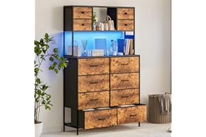 Dresser for Bedroom with Fabric Dresser, 12 Drawers, Charging Station & LED Light, Open Shelves, Large Chest of Drawers for L