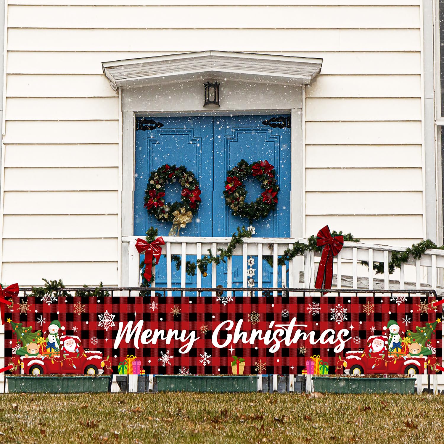 Large Merry Christmas Banner - Red Buffalo Plaid Yard Sign for Garden, Porch, Lawn Decorations