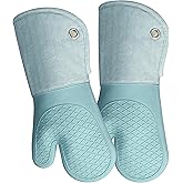 Professional Microwave Silicone Oven Mitts one Pair, Kitchen Mitten Set for Heat Resistant with 500 Degrees, Kitchen Gloves Pot Holder for BBQ Cooking Baking (Light Blue)