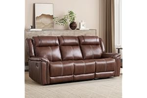 EBELLO Faux Leather Recliner 3 Seat Couch, Manual Reclining Sofa, Mid-Century Modern 3-Seater Chair with Padded Headrest and Armrest, for Living Room, Meeting Room, Brown