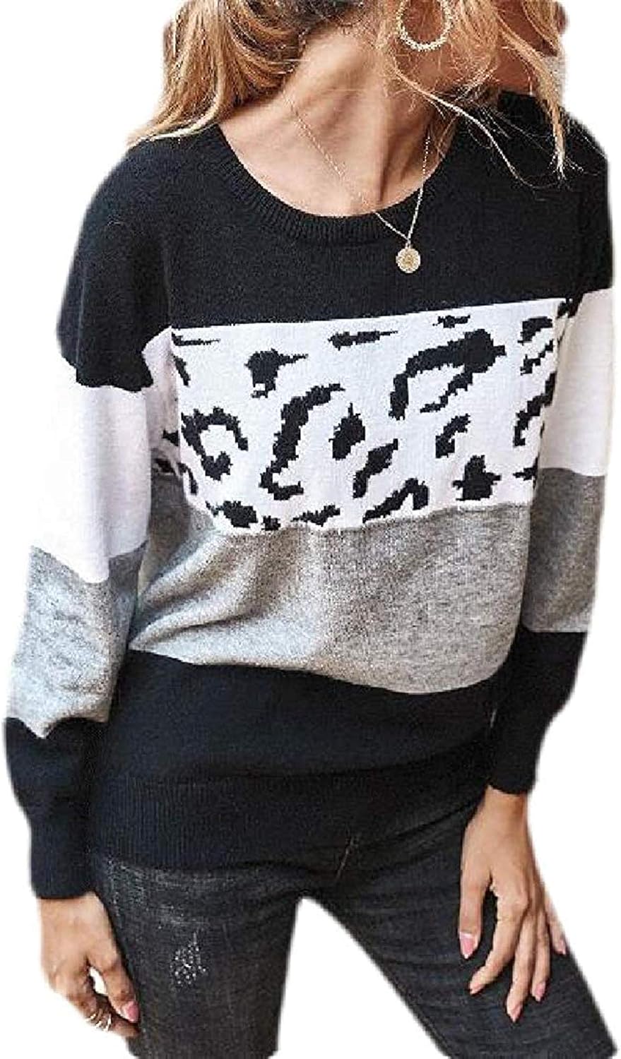 Womens Leopard Print Knitwear Round Neck Basic Jumper Pullover Sweater Tops: Amazon.co.uk: Clothing