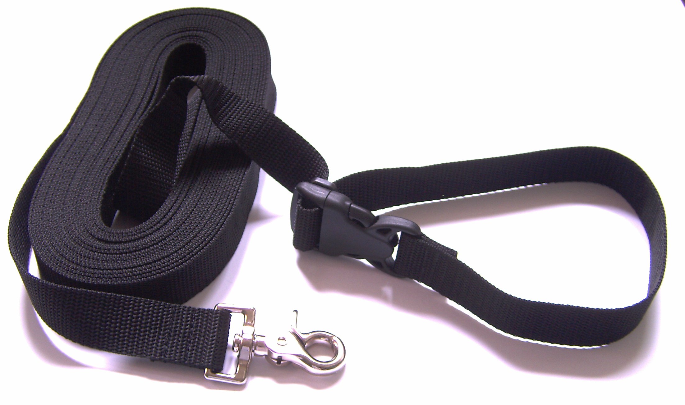 DOGS and MORE – EXTENDABLE Tracking / Training / Recall Leash with RELEASABLE wrist strap - 15 Meter (Black, 25 mm wide)