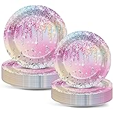 CHUNNIN 100 Pcs Iridescent Diamond Glitter Party Plates - Disposable Dessert Plates for Girls Birthday Party Decor and Supplies