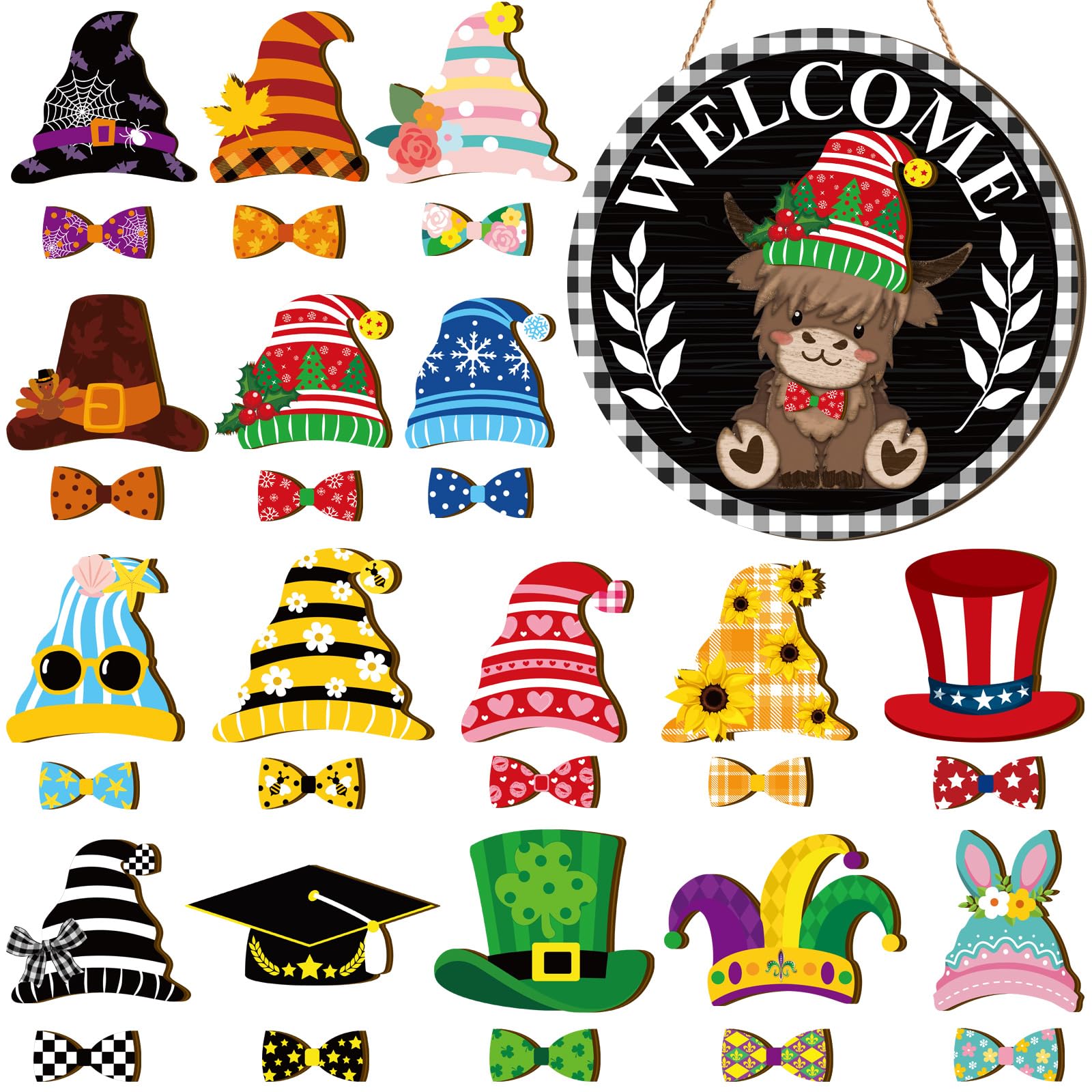 Photo 1 of **DETAILS ON COWS FACE ARE MISSING (EYES, ROSY CHEEKS & MOUTH** GlikCeil 33 Pcs Interchangeable Highlands Cow Welcome Sign Seasonal Hanging Decor for Front Door Farmhouse Wall Outdoor Porch Decor for Christmas Winter All Seasons Holiday(Black Plaid)