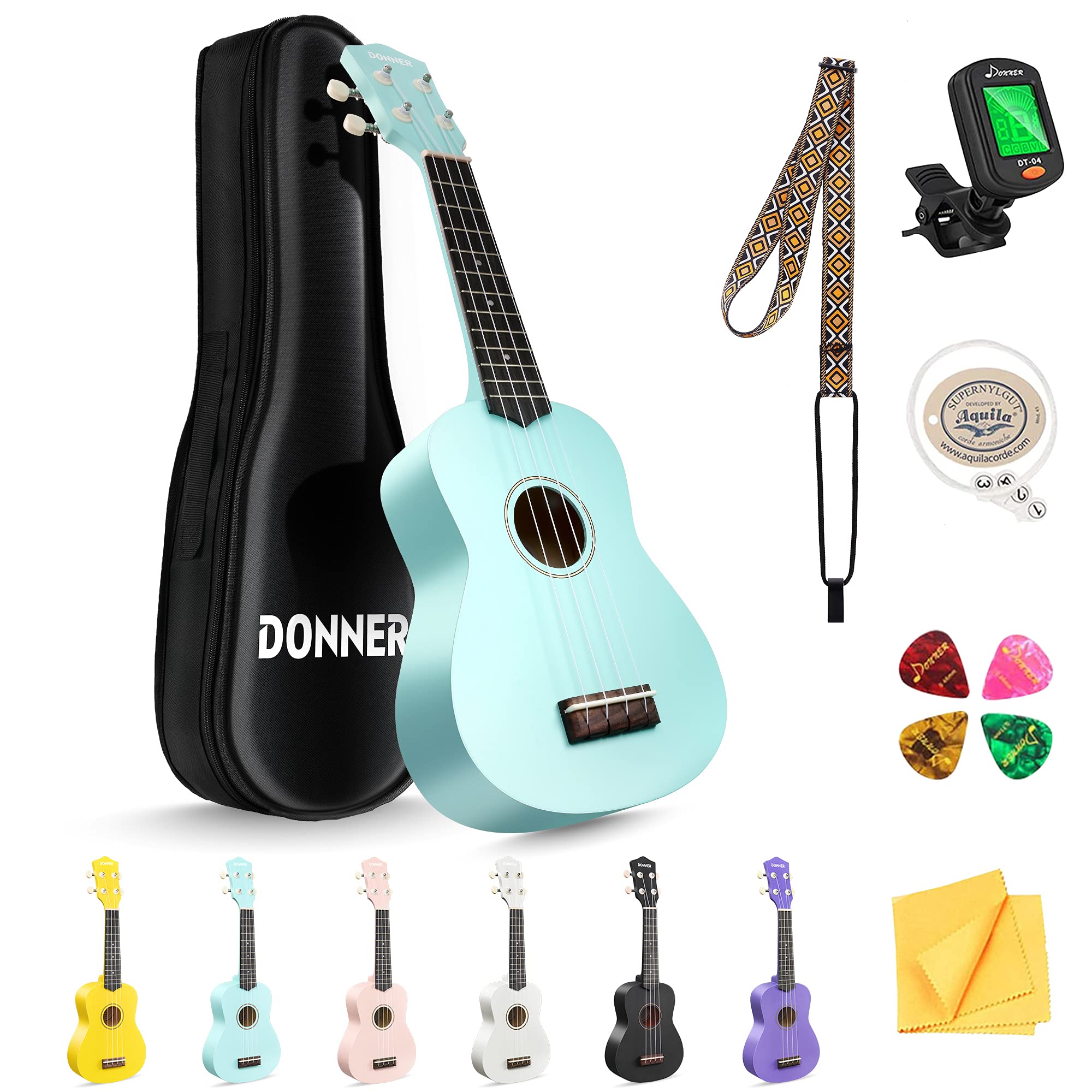 Donner Soprano Ukulele for Beginner Ukelele with Free Online Lesson Bag Strap String Tuner Pick Cloth, DMU-01 21 Inch Matte ukalalee Bundle Kit Macaron Series-Green