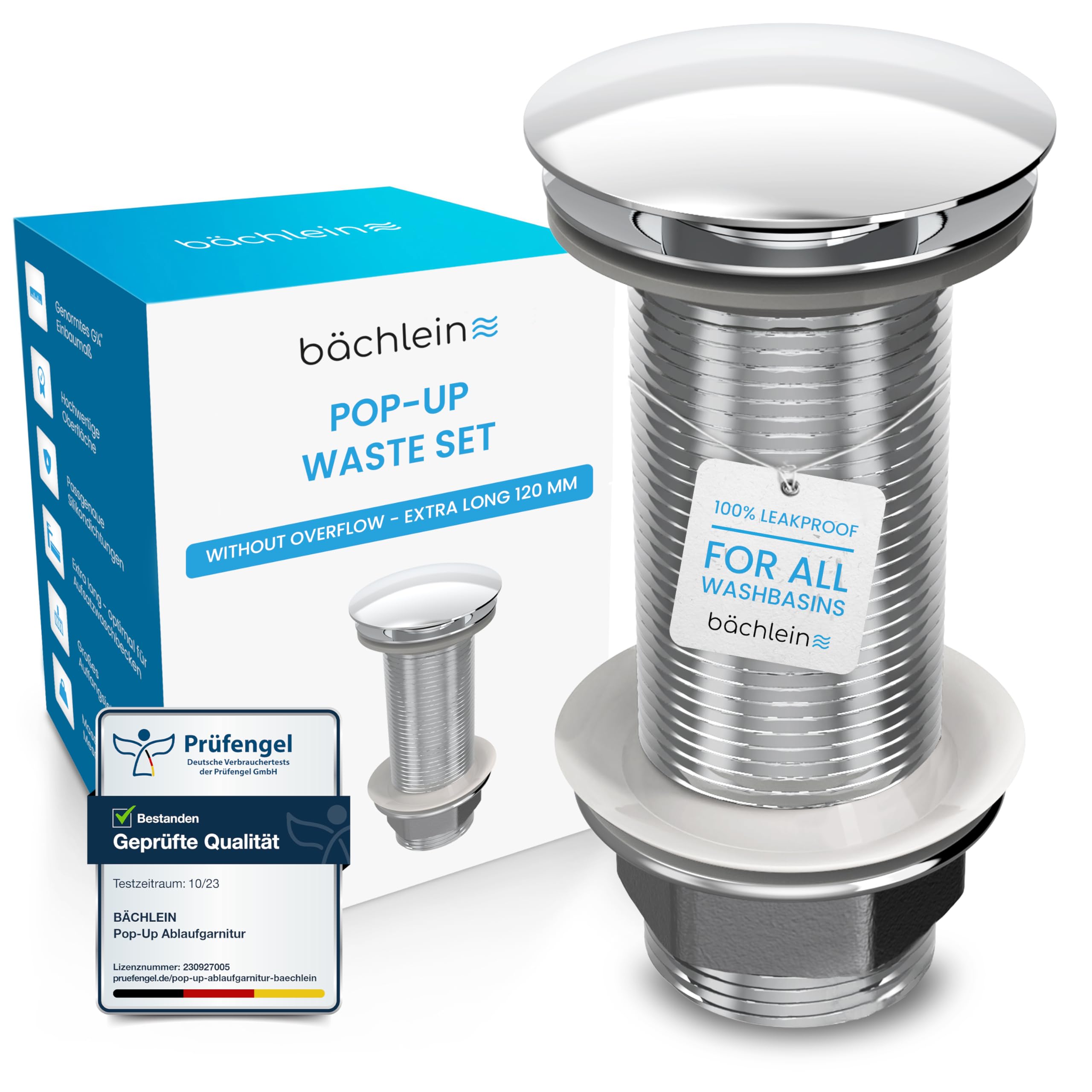 Bächlein Universal Extra Long Drain without Overflow (Chrome) Pop Up Valve for Countertop Basin