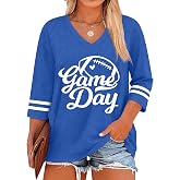 QAUN Womens Game Day Football T Shirts Plus Size 3/4 Sleeve V Neck Football Mom Tops Sunday Funday Gameday Tees