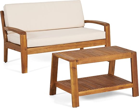 Amazon Com Great Deal Furniture Christian Outdoor Teak Finished Acacia Wood Loveseat And Coffee Table Set With Beige Water Resistant Cushions Furniture Decor