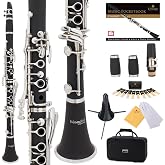 Mendini by Cecilio Ebonite Bb Clarinet Kit with 2 Barrels - Black | Beginner Clarinet Kit with 2 Barrels, 10 Reeds, Mouthpiece, Stand, Hard Case, Pocketbook, Cork Grease, Cleaning Cloth, Gloves