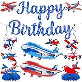 Airplane Birthday Party Decorations - Airplane Party Decorations with Blue Glitter Happy Birthday Banner Plane Balloons Hanging Swirls Centerpieces for Boys Plane Themed Decor