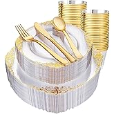 Hioasis 300pcsClear and Gold Plastic Plates - Disposable Dinnerware Set Perfect for 50 Guests include 50 Dinner Plate, 50 Dessert Plate, 50 Forks,50 Spoons, 50 Knives, 50 Cups (NO Napkins Included)