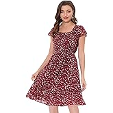 Allegra K Women's Midi Floral Chiffon Dress Flutter Sleeve Belted Square Neck Ruffled Dress