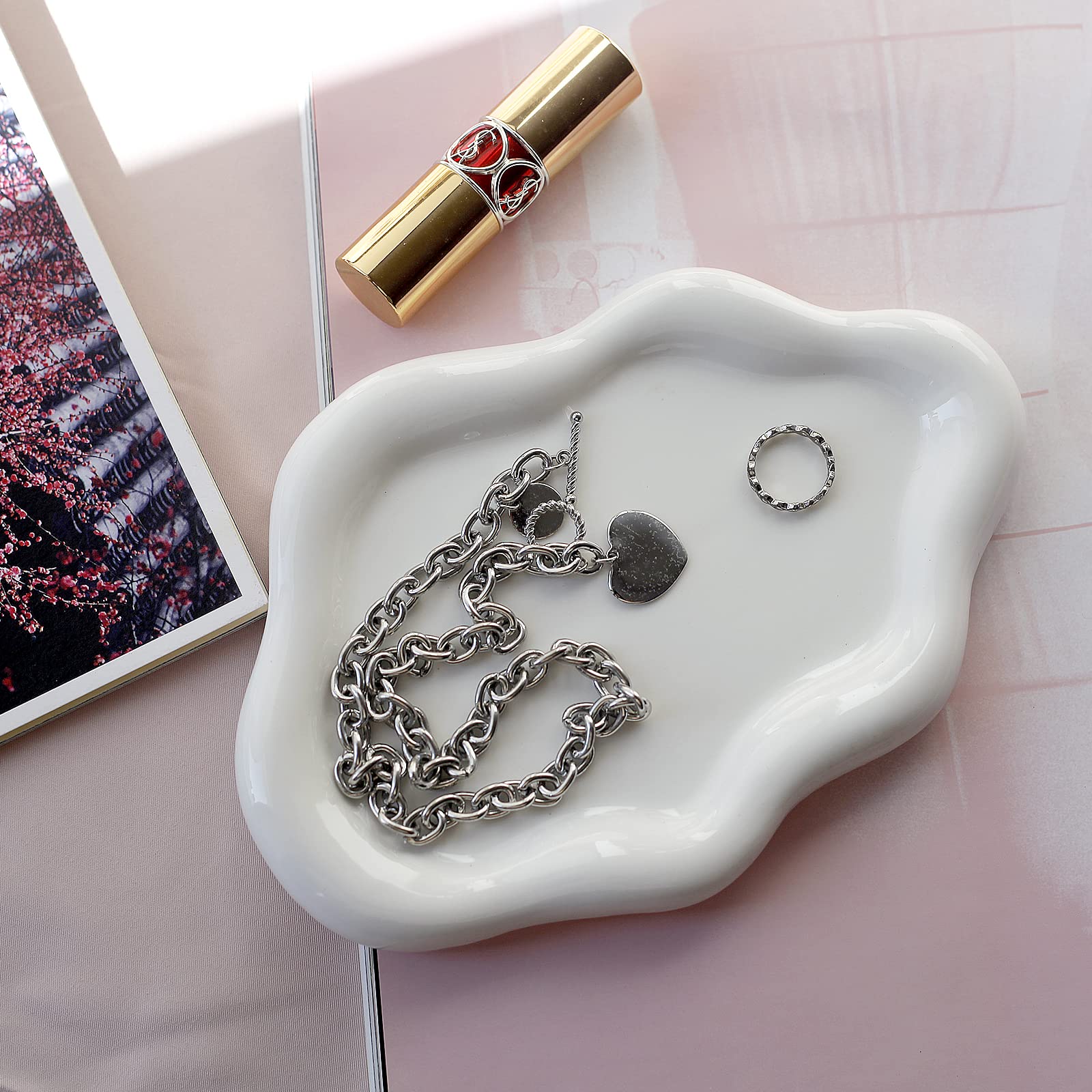 Jewelry Dish Trinket Tray for Women, Ring Dish Holder, Unique Cloud Shape Ceramic Plate Cute Things Vanity Aesthetic Room Decor Mother's Day Birthday (White)