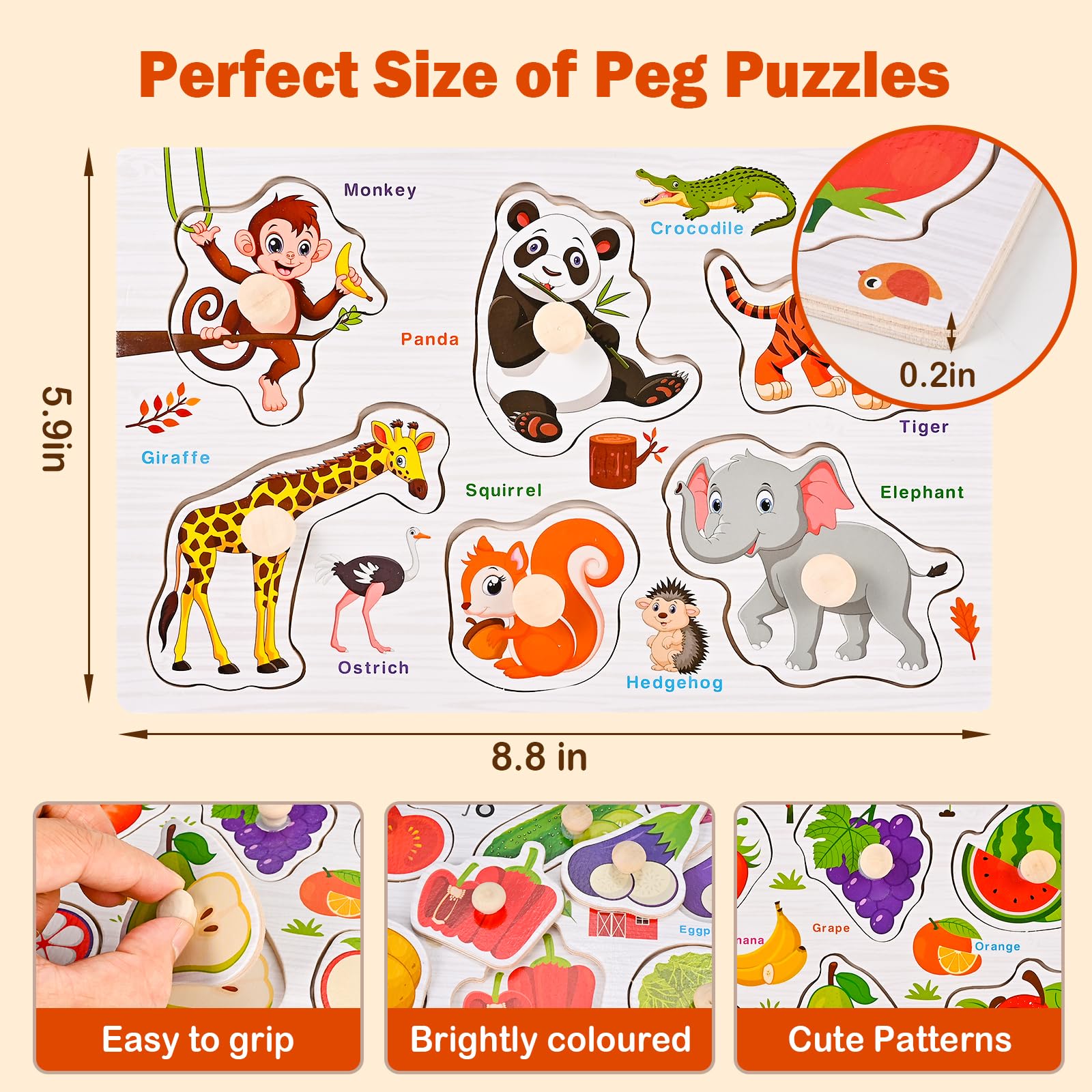 Wooderma Wooden Peg Puzzles for Toddlers 1-3, 6 PCS Puzzles for Kids, Montessori Toddler Numbers, Vegetables, Fruits, Insects, Sea and Animals Puzzles, Great Preschool Gifts for Girls and Boys