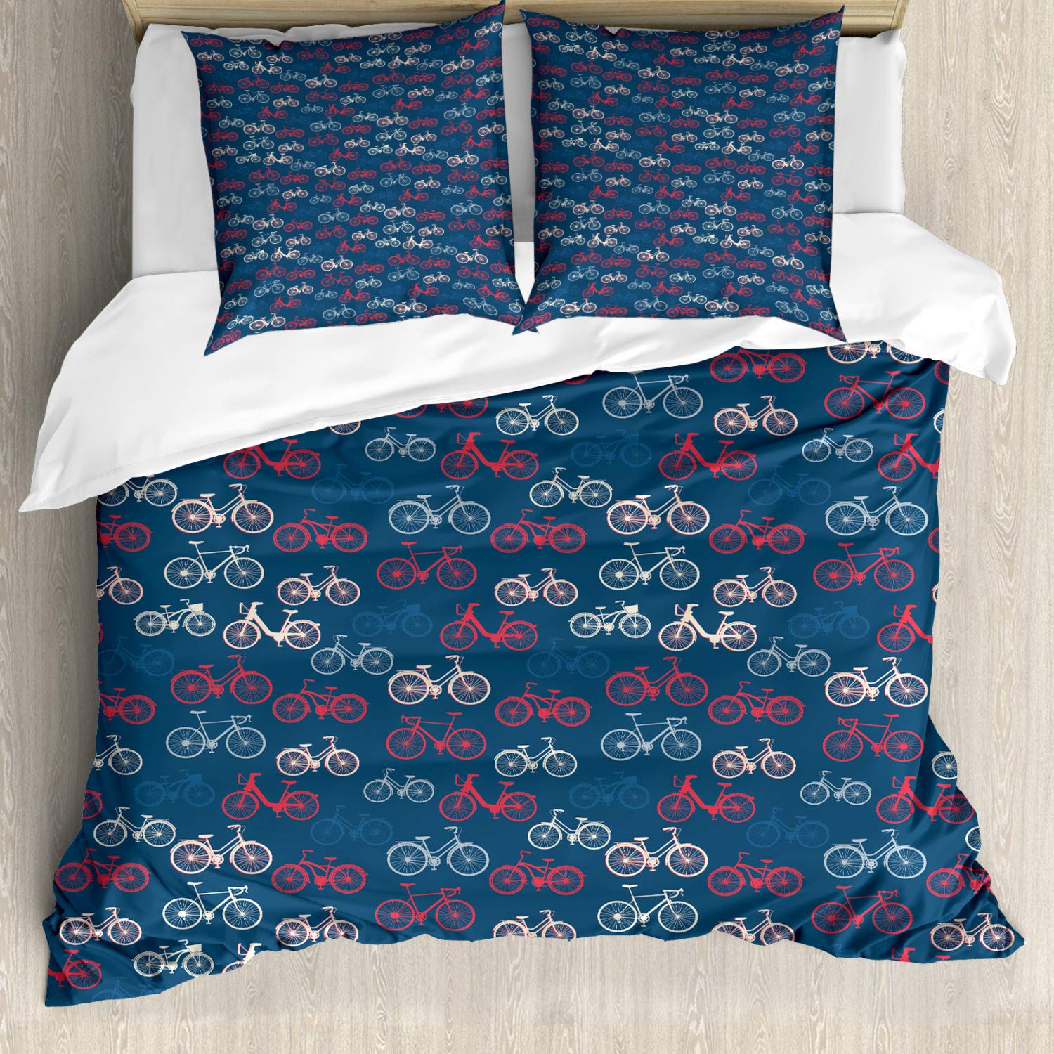 ABAKUHAUS Bicycle Duvet Cover Set, City Race and Girls Bike Sketches in Retro on Blue Background, Bedding Set 3 Pieces with 2 Pillow Shams, 155 cm x 220 cm, Blue Red