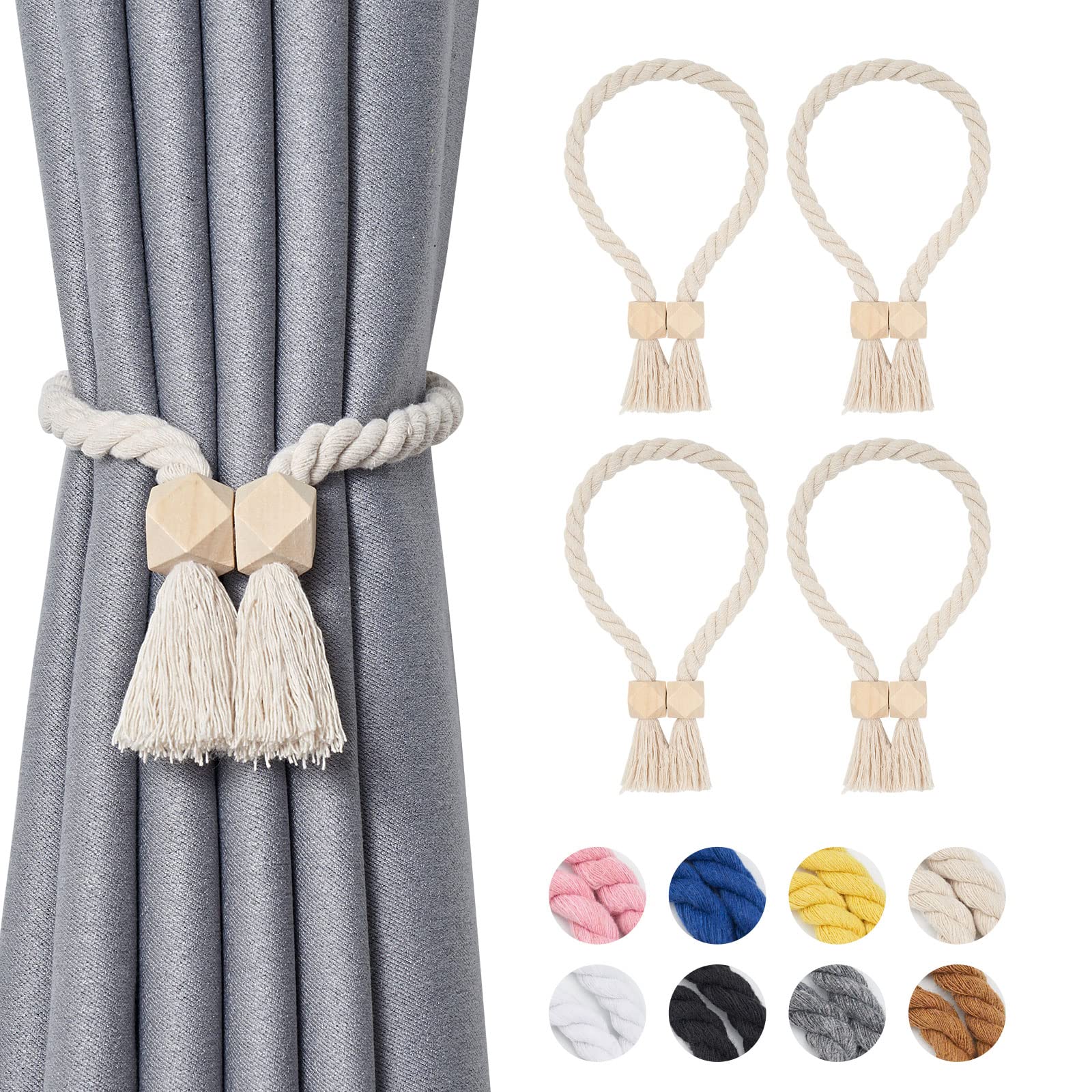 Pretty Jolly 4 Pack Wooden Polyhedron Magnetic Curtain Tiebacks Boho Home Decor Drape Tie Backs Natural Cotton Hand Woven Rope Curtain Holdbacks for Home & Office Window Draperies (Beige)