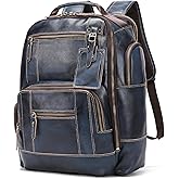 LANNSYNE Vegetable Tanned Leather Backpack for Men, 15.6" Laptop Backpack Camping Travel 24L Rucksack